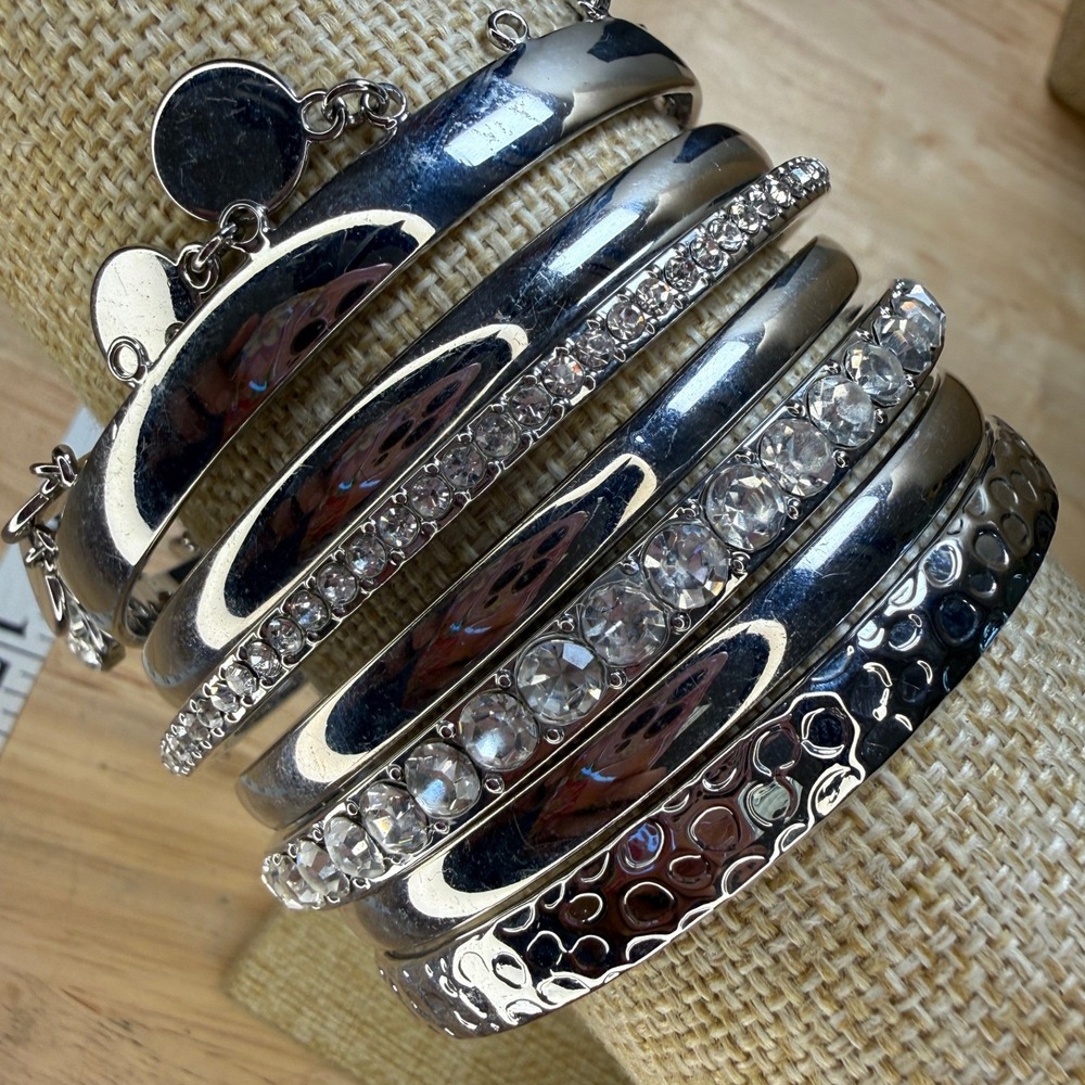 Boho Glam Y2K Silver Rhinestone Hammered Stackable Bangle Bracelet Lot of 7